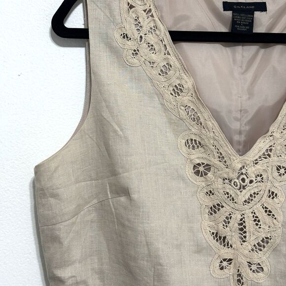 Silkland 100% Linen Sleeveless Top Sz Large Tan Lace Trim Lined V-Neck - Picture 3 of 6